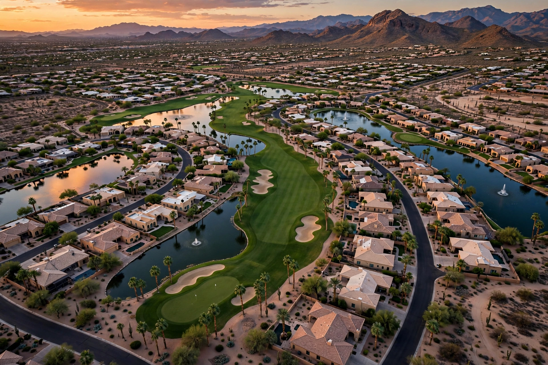 Aerial view of Valley homes lining a lake-dotted fairway at dusk