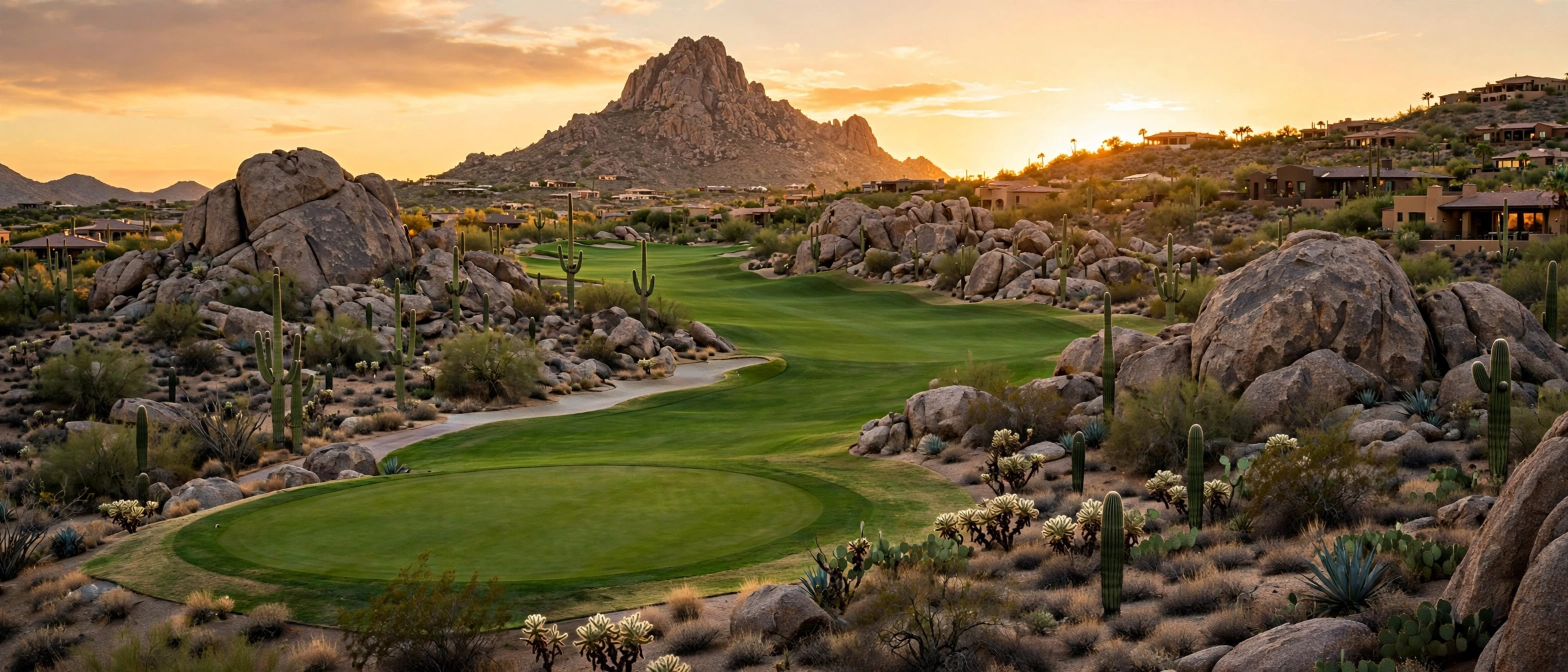 Desert golf fairway winding through granite boulders and saguaros below Pinnacle Peak at sunset